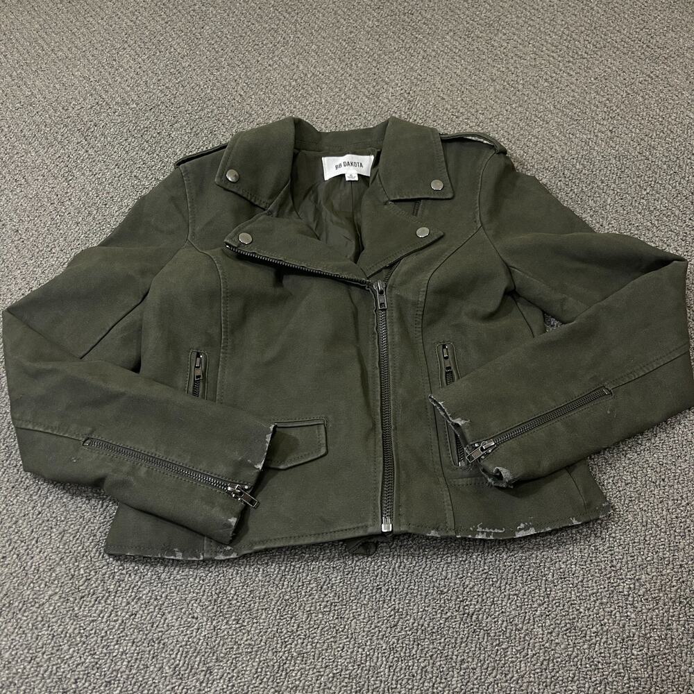 BB Dakota Jacket Womens S Faux Leather Green Full Zip Cropped Distressed Flawed
